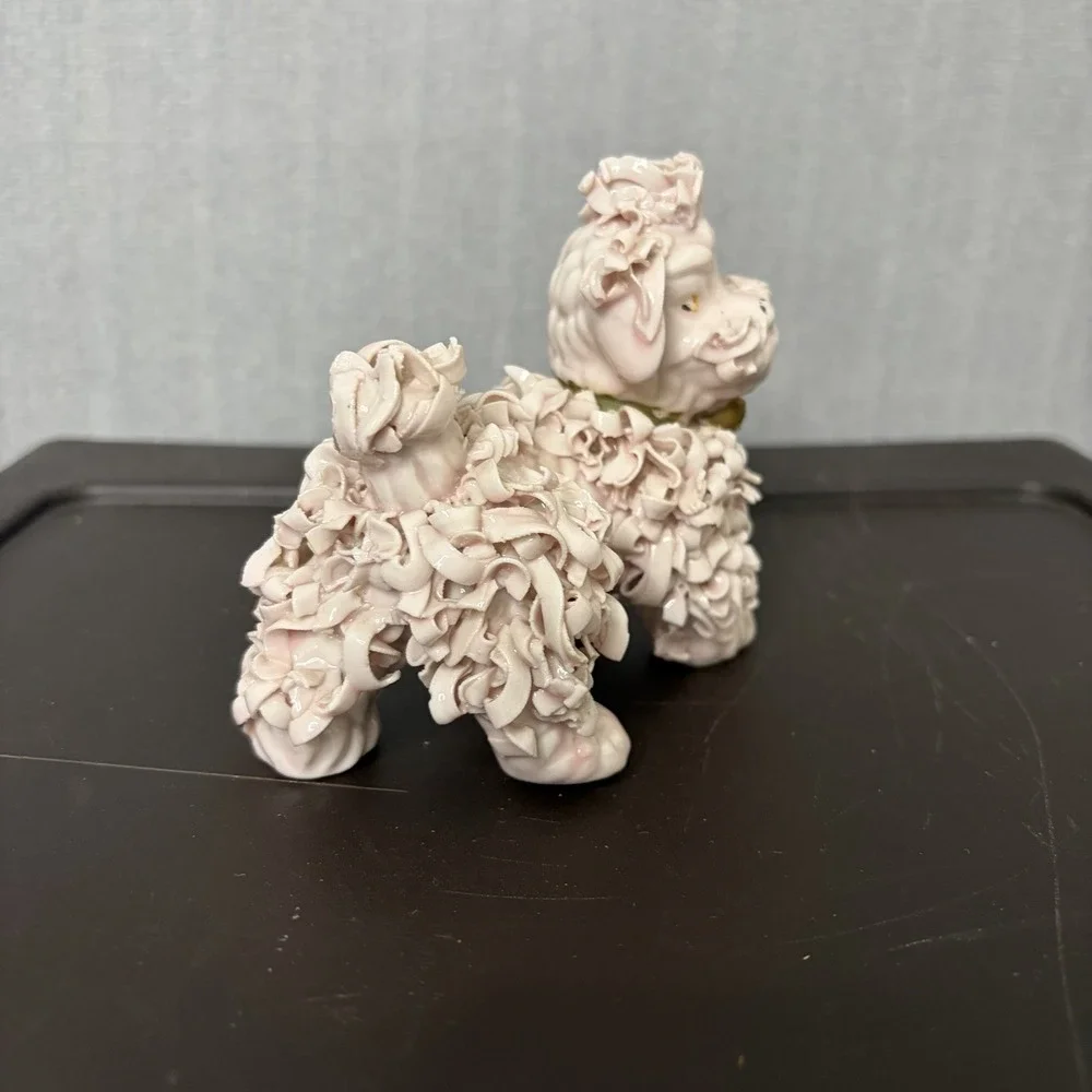Vintage Spaghetti Pink Poodle Ceramic Figurine Gold Bow Mid Century MCM 60s